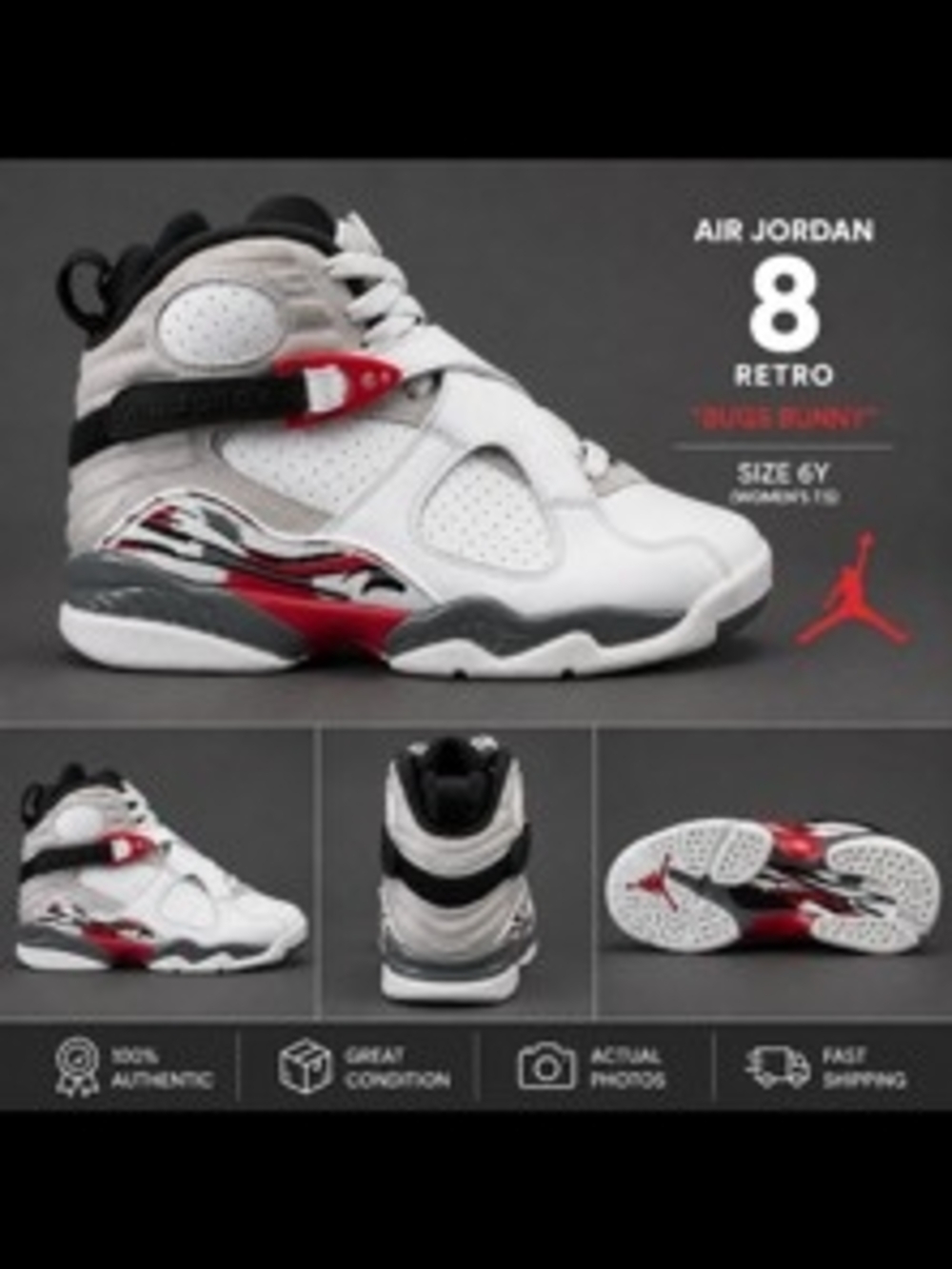 Jordan Kids Retro 8 White/Red/Gray Sneakers